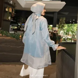 Visha Tunik Outfit Kondangan Simple Elegan Atasan Bahan Organza Bordir With Inner Nyaman Kerah Muslim Outer Panjang Ventedaily - Blue