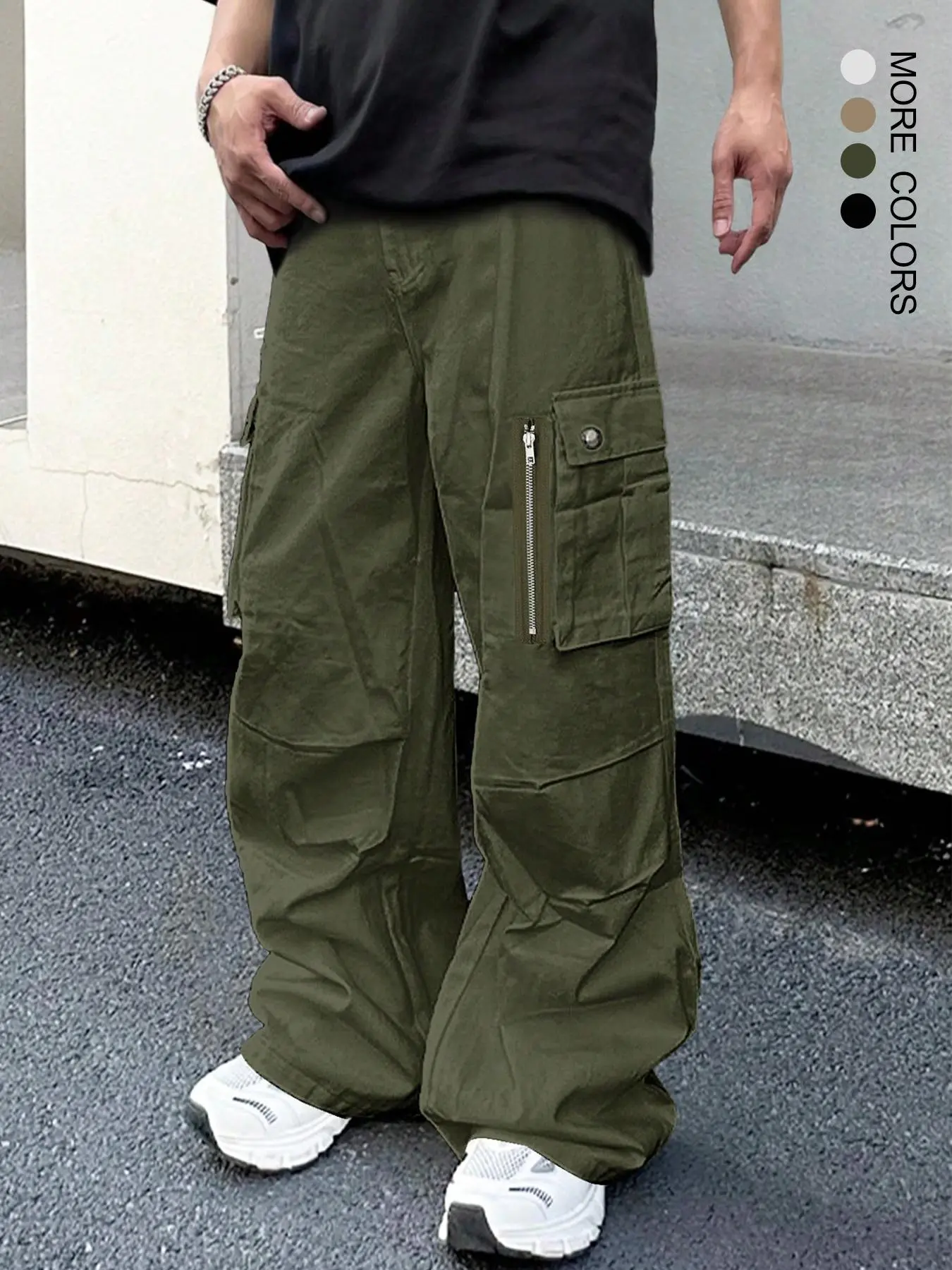 Unisex's Loose Solid Button Drawstring Waist Cargo Pants, Street Fashion Casual Pocket Elastic Waist Wide Leg Trousers for Daily Wear, Unisex's Bottoms for All Seasons
