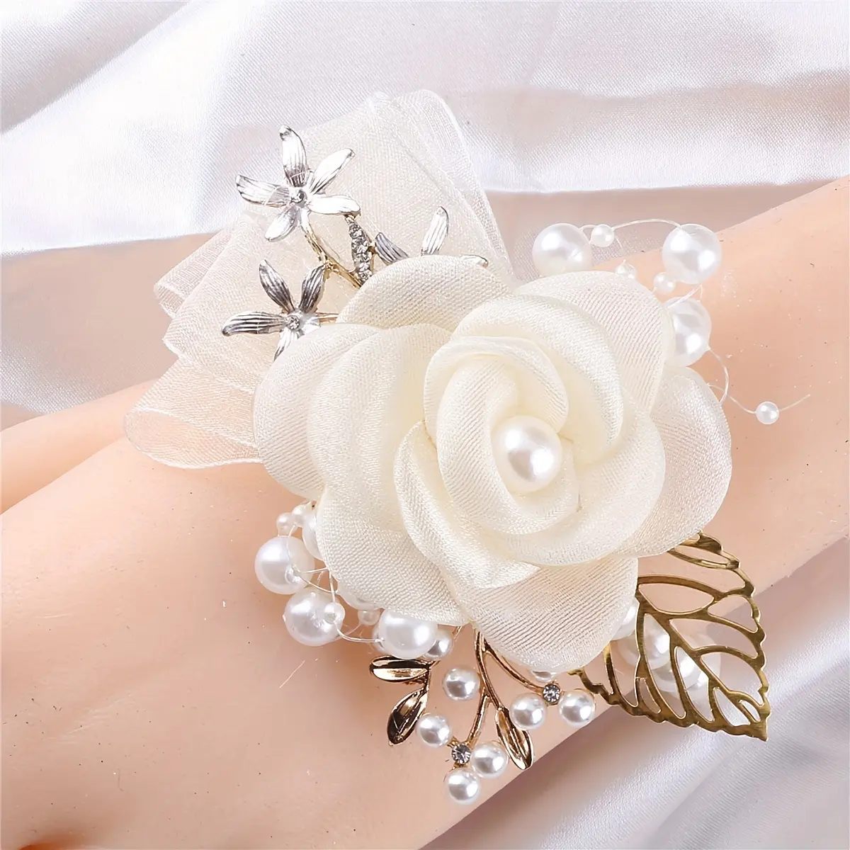 Romantic Bridal Wrist Corsage with Beads - Elegant Artificial Flower Wristlet for Bridesmaids, Wedding Keepsake