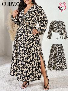 CURVZY Plus Size Two-Piece Set All Over Print Knot Front Wrap Crop Blouse & Split Thigh Skirt, Elegant Bishop Sleeve V Neck Top & Long Skirt for Daily Outdoor Wear, Women's Clothes for Fall