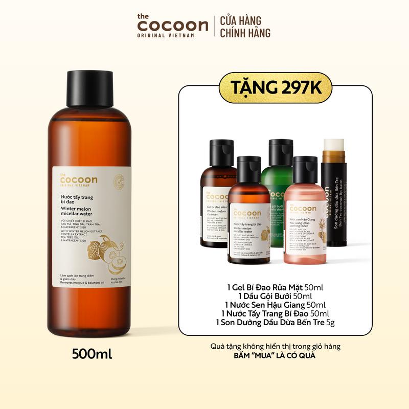 [COMBO MUA 1 TẶNG 5] Bigsize - Nước tẩy trang bí đao Cocoon tẩy sạch makeup & giảm dầu 500ml Tặng 1 Gel bí đao rửa mặt 50ml + 1 Nước sen Hậu Giang 50ml + 1 Nước tẩy trang bí đao 50ml + 1 Dầu gội bưởi 50ml + 1 Son dưỡng dầu dừa Bến Tre 5g