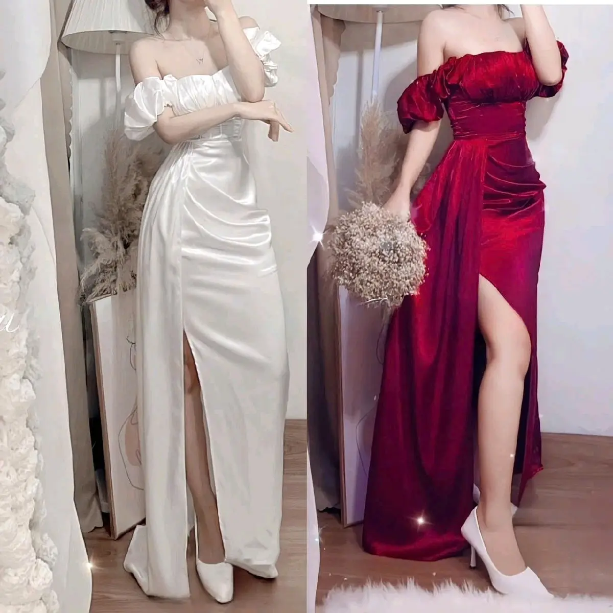 ĐẦM PHI LỤA BẸT VAI XINH CAO CÂP SIZE ML ( có mút lót- lót quần)..