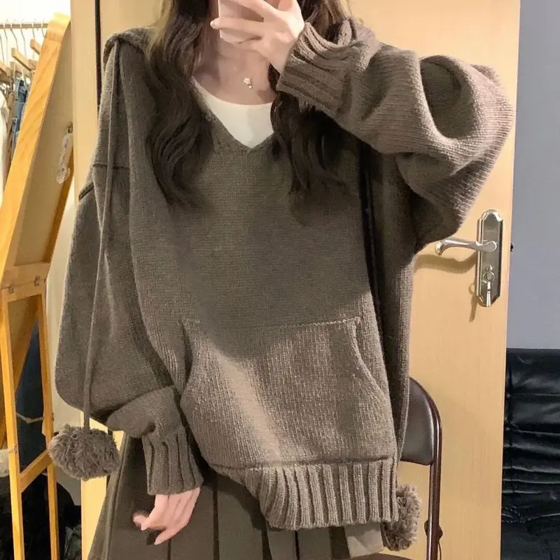 Bộ Đồ Mùa Thu Và Mùa Đông, Ngoại Cỡ, Cô Gái Đầy Đặn, Áo Len Phong Cách Mori, Phong Cách Preppy, Áo Len Có Mũ Trùm Đầu Cổ Chữ V Hàn Quốc, Váy Xếp Ly, Bộ Hai Mảnh 5