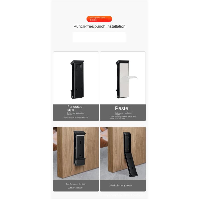 Product Introduction of New Stainless Steel Folding Door Stop Self Adhesive No Drilling Door Wedge Anti-collision Sound Dampening Door Holder Door 34