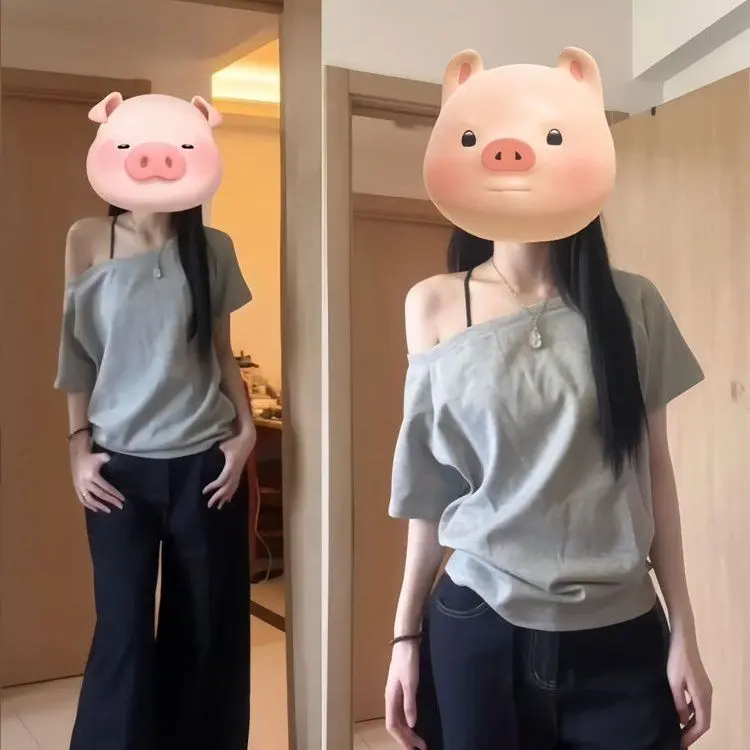 French Retro off-Shoulder Short Sleeve Women's Loose and Idle off-Shoulder Slim Versatile Korean Style Ins Casual All-Matching Tops Shirts Blouse Lingerie Minimalist