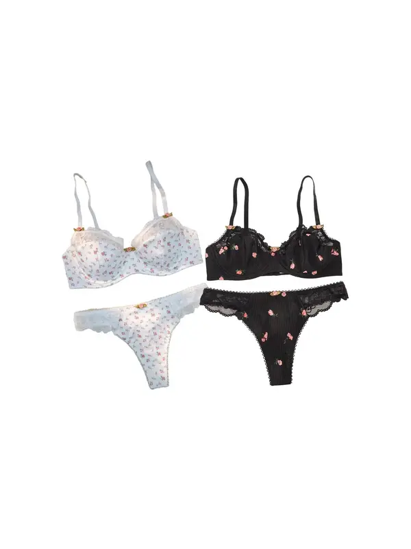 Women's Ditsy Floral Print Contrast Lace Bra & Panty Set, Floral Decor Adjustable Strap Bra & Knicker, Summer Wear 2024, Summer Clothes Women, Ladies Lingerie Set Valentine's Day, Underwear for Women 2