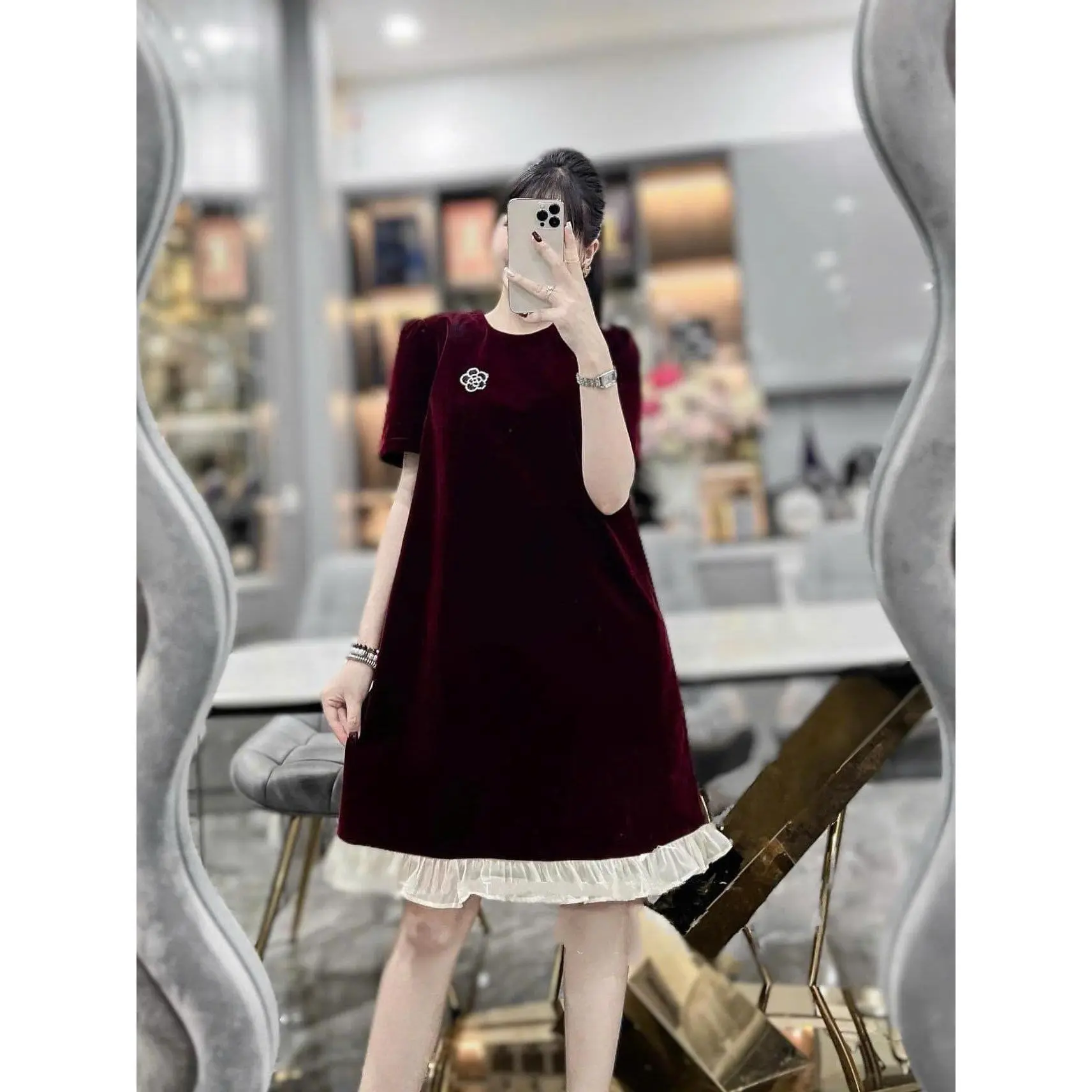 Váy nhung dáng suông hoa thêu hoa trà chân tơ xinh sang đầm bầu bigsize nhung lì sang chảnh thanh lịch đi làm đi chơi đi tiệc Women Voan Dress Đỏ đô