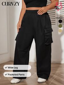 CURVZY Plus Size Autumn Aesthetic Pocket Elastic Waist Cargo Pants, Casual Solid Wide Leg Trousers for Daily Wear, Pants for Women, Women's Bottoms for All Seasons