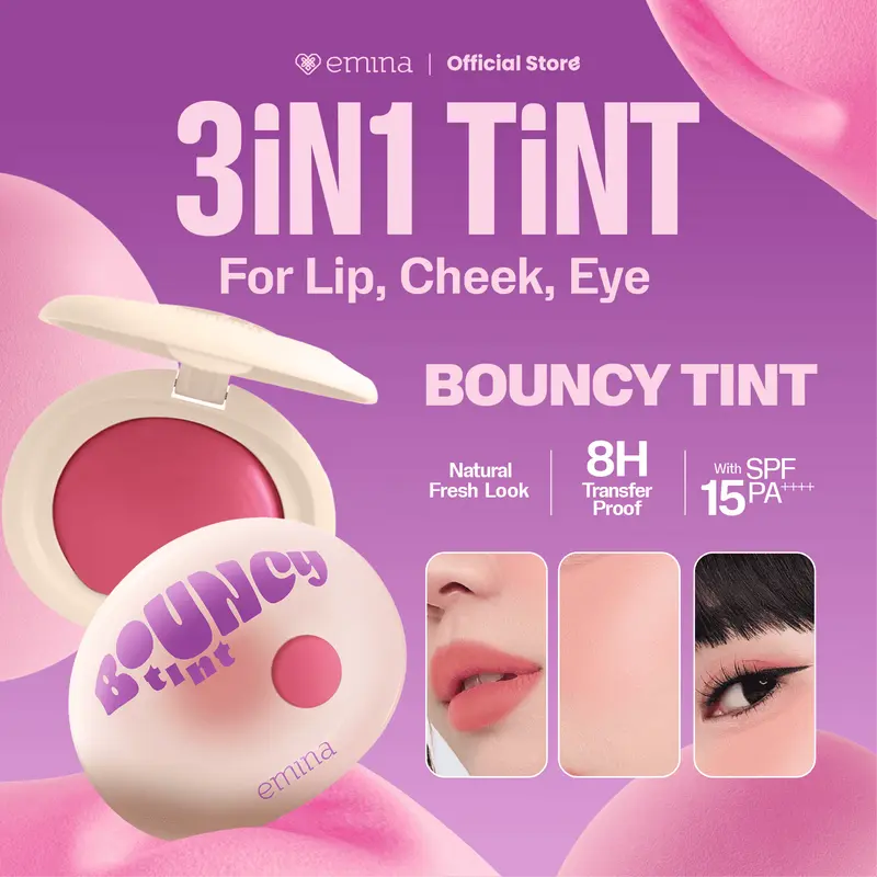 NEW! Emina Bouncy Tint 3 in 1 Lip, Cheek, & Eye - Blurry Lip Color, Lasting Stain, dilengkapi dengan SPF 15 PA+++, Marshmallow Mochi Pudding Longlasting Blush On Lip Tint Eye Shadow 2