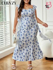 CURVZY Plus Size Floral Print Ribbon Decor Draped Mermaid Dress, Elegant Butterfly Sleeve Square Neck Dress for Party Holiday Wedding Guest, Women's Clothes for Fall