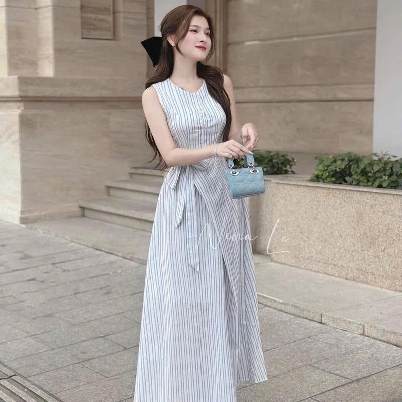 ĐẦM NỮ LENNIN DÀI SỌC KÈM DÂY ĐAI KHOÁ CÚC  Kem dam tie Women Voi