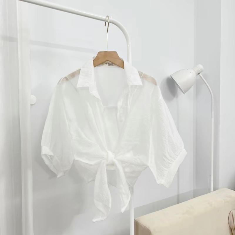Áo sơ mi nữ cột nơ,voan tơ mỏng ngắn tay ( kèm áo 2S thun gân trắng ) Sơ Mi áo buộc vạt trước