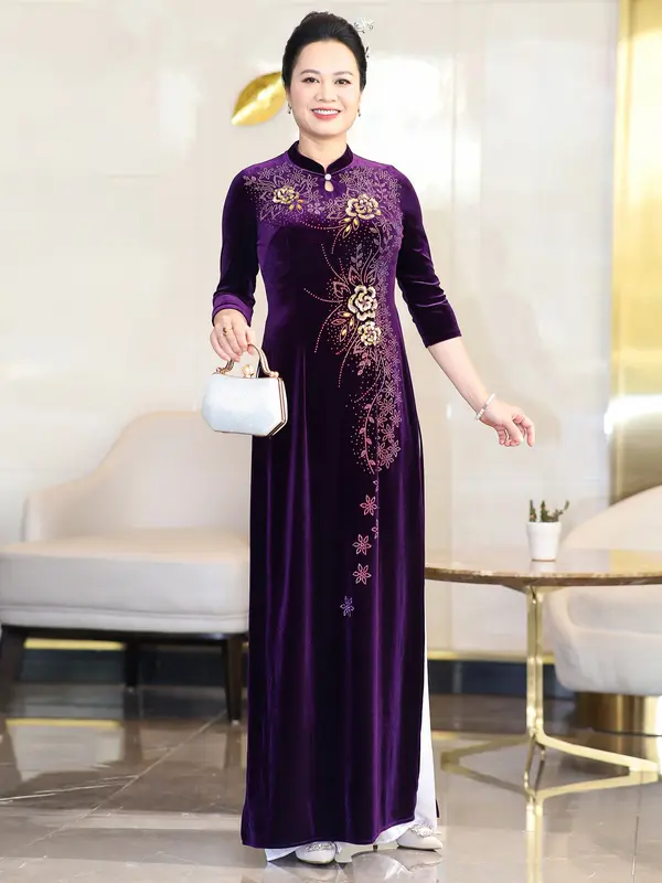 (Không kèm quần) Áo dài nhung trung niên cổ tàuT424 T437 4
