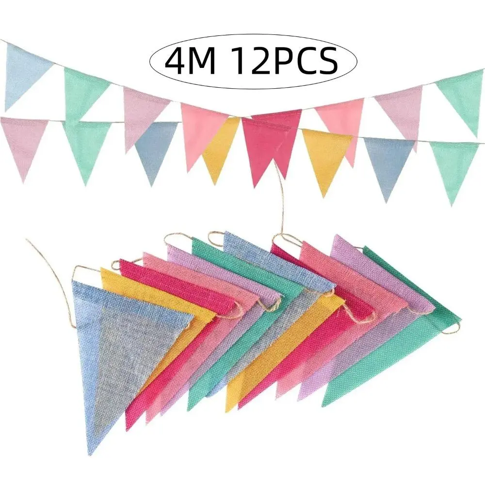 Colorful Triangle Flag Banner, 12pcs/set 4m Colorful Jute Linen Flags, Pennant Banners, Wall Hanging Wedding Party Garland, Home Decor