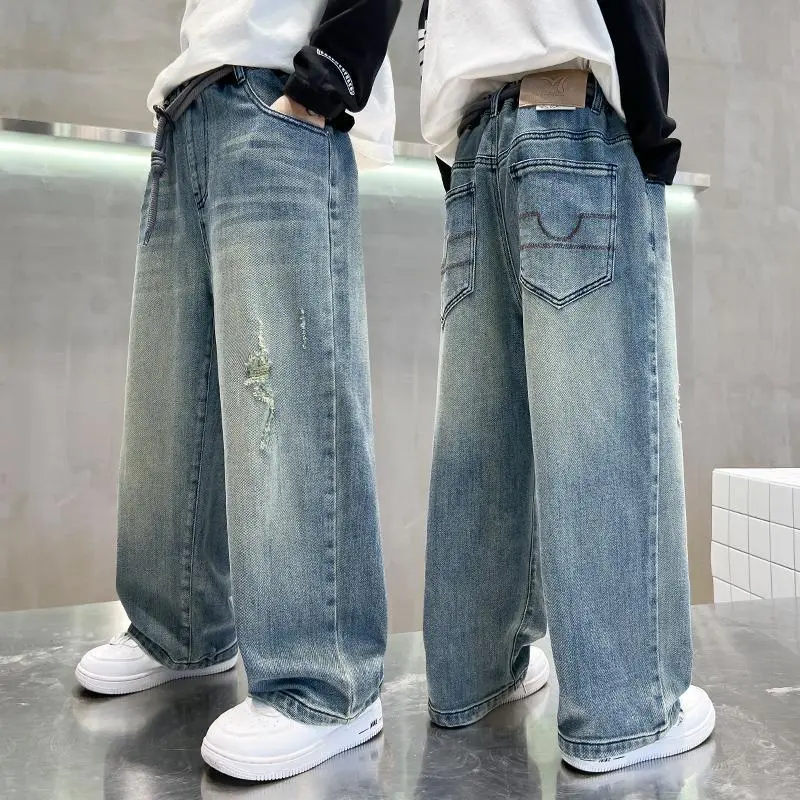 Quần Dài Jean Ống Rộng Thẳng, Cho Bé Trai, Hàng Mới Về Mùa Xuân Và Mùa Thu 2024, Quần Dài Trẻ Em Trung Và Lớn, Thiết Kế Xếp Ly Đẹp Trai Và Phong Cách, Thương Hiệu