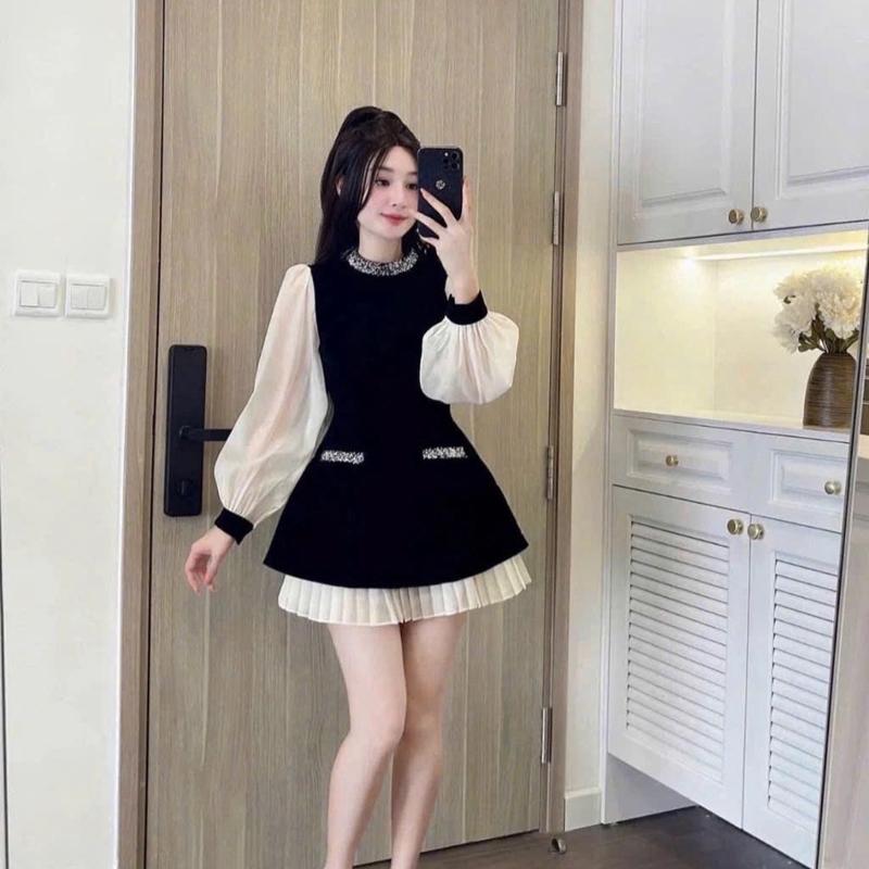 Váy nữ Váy Thiết Kế Đính Đá Ngọc Đầm Viền Cổ Tà Váy Phối Xếp Ly Tơ Óng Tiểu Thư Màu Đen Nhung Sang Chảnh 6