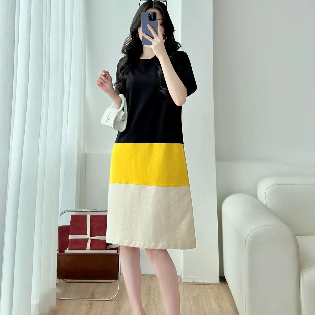 Váy Chữ A_Foom Dài,Mẫu Phối 3 Màu,Chất Conton Co Giãn,Mềm,Mịn Nữ Women Dress