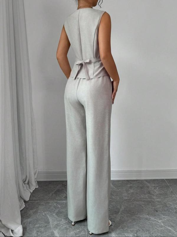 Two-Piece Set Women's Solid Color Vest Blazer & Wide Leg Pants Set, Elegant Fashion Casual Two-piece for Work Office Business, Ladies Clothes for All Seasons, Womenswear 1