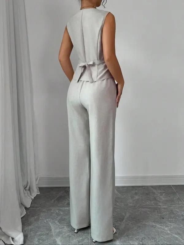 Two-Piece Set Women's Solid Color Vest Blazer & Wide Leg Pants Set, Elegant Fashion Casual Two-piece for Work Office Business, Ladies Clothes for All Seasons, Womenswear 1