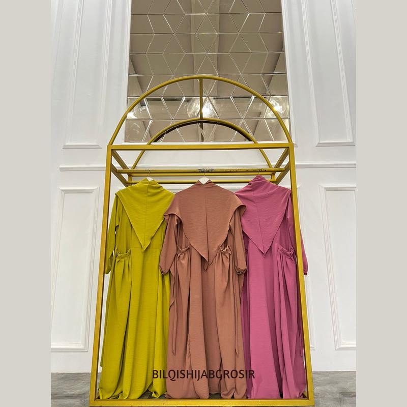 Gamis Zahra Set Bergo Syar'i Dress Wanita Muslim Bahan Crinkle Airflow Panjang Balon Dewasa Lebaran Elegant Brown  Syari Mewah 2