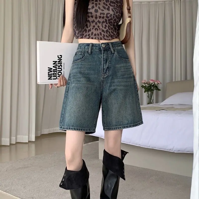 Quần Short Denim Ống Đứng Giặt Cổ Điển Quần Nữ Cạp Cao Ôm Dáng Rộng Làm Cũ Quần Mỏng Mùa Hè Ống Rộng Ong Women 4