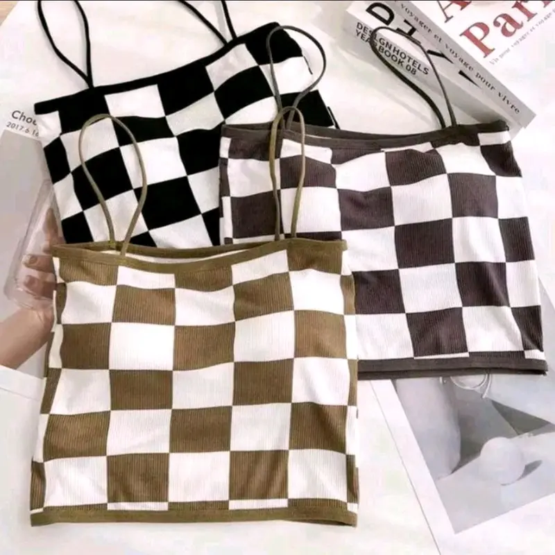 Paket Murah 6Pcs Tanktop motif kotak dengan cup BH singlet wanita tanpa kawat murah FS 2