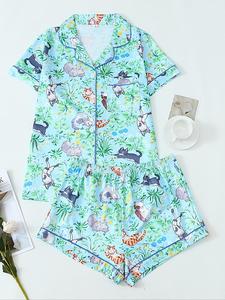 Women's All Over Animal & Floral Print Pajama Two-piece Set, Casual Comfy Short Sleeve Lapel Collar Shirt & Shorts PJ Set, Ladies Sleepwear for All Seasons, Loungewear