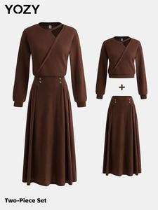 YOZY Women's Solid Cut Out Top & Button Front A Line Skirt Two-piece Set, Casual Asymmetrical Neck Long Sleeve Top & Long Skirt for Daily Wear, Ladies Clothes for All Seasons
