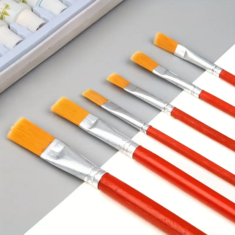 6 pcs/Set,Watercolor Gouache Painting Pen Nylon Hair Wooden Handle Paint Brush Set Drawing Art Supplies Student Stationery