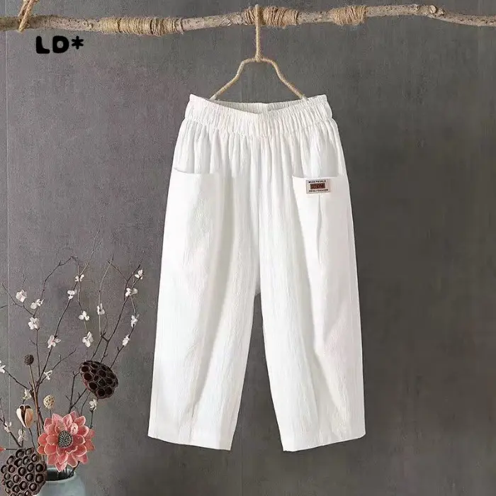 Cotton Linen Capri Pants Women's Summer Loose plus Size Linen Elastic Waist Ankle-Tied Harem Pants All-Matching Casual Pants 8207 Cropped Fabric Straight Womenswear Bottom Pocket