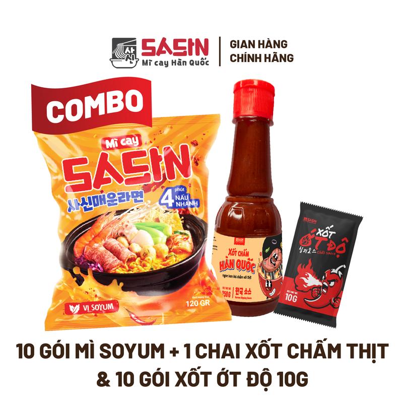 Mì cay Sasin vị soyum (Combo 10 gói mì + 1 chai xốt chấm hàn + 10 gói xốt ớt độ) BSET0115