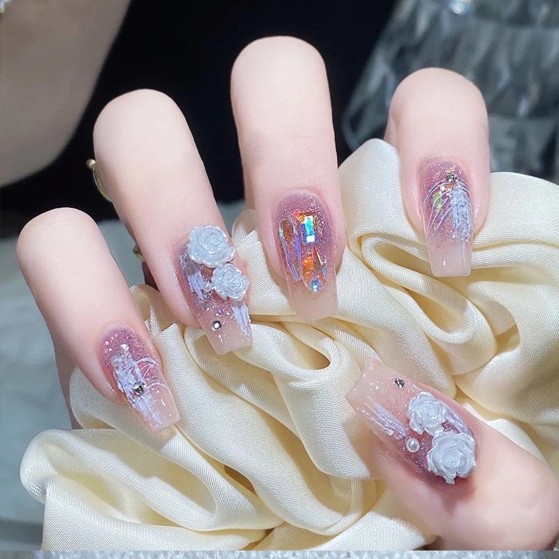 Product Introduction of Red Book Popular Wearing Nail Medium and Long Milk White French 9K Glass Diamond Nail Art Finished Nail Sticker Nail Art Hot Selling Multi-choice Nail Art nail  sticker 10