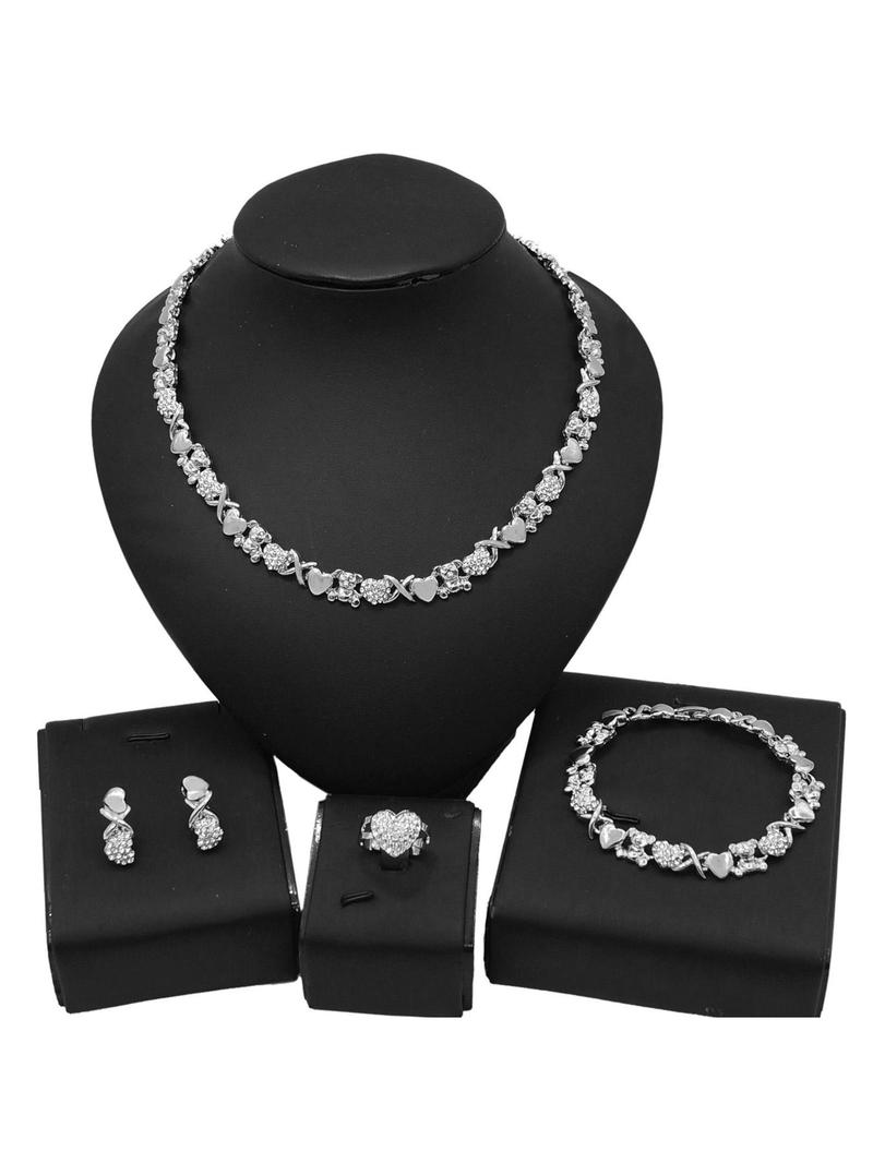 Product Introduction of Women's Elegant Heart Design Jewelry Set, Fashion Rhinestone Decor Necklace & Earrings & Ring & Bracelet, Trendy All-match & Exquisite Jewelry Set for Birthday Gift 3