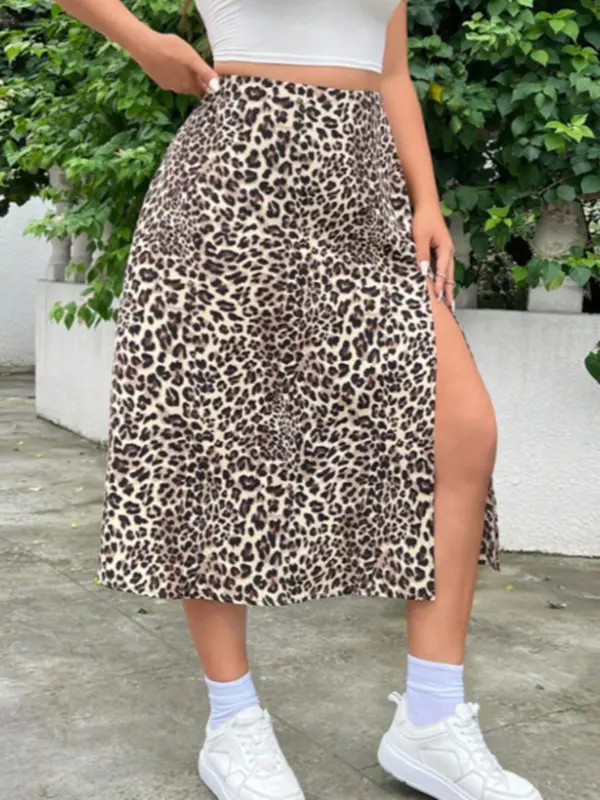 Women's Leopard Print Split Thigh  Skirt, Casual Fashion Midi Skirt for Daily Outdoor Wear, Ladies Bottoms for Summer 4