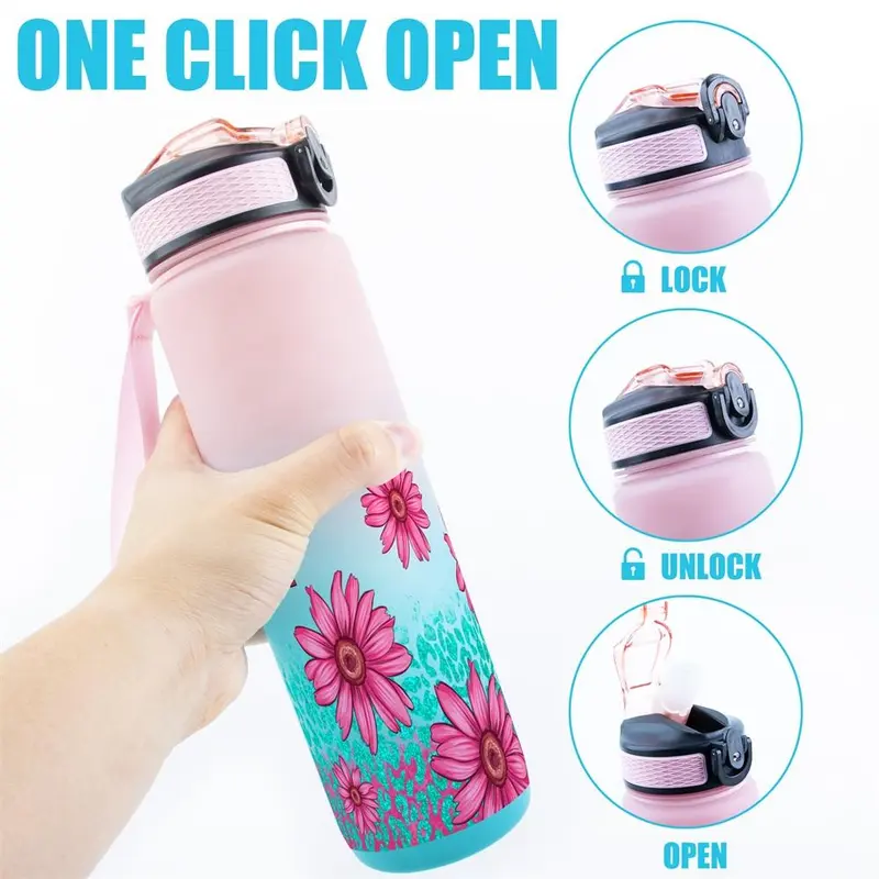 32oz Water Bottle, 1 Count Floral Pattern Sports Water Bottle with Time Marker, Outdoor Durable Large Capacity Hiking Water Bottle 3