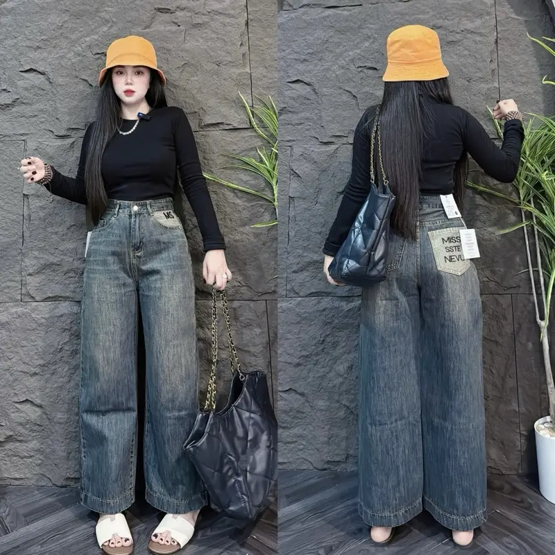[90cm Nấm<1m58] Quần Jean Nữ Suông Nấm Lùn Lưng Cao Phối Thêu Túi Sau SML - Pants, Women