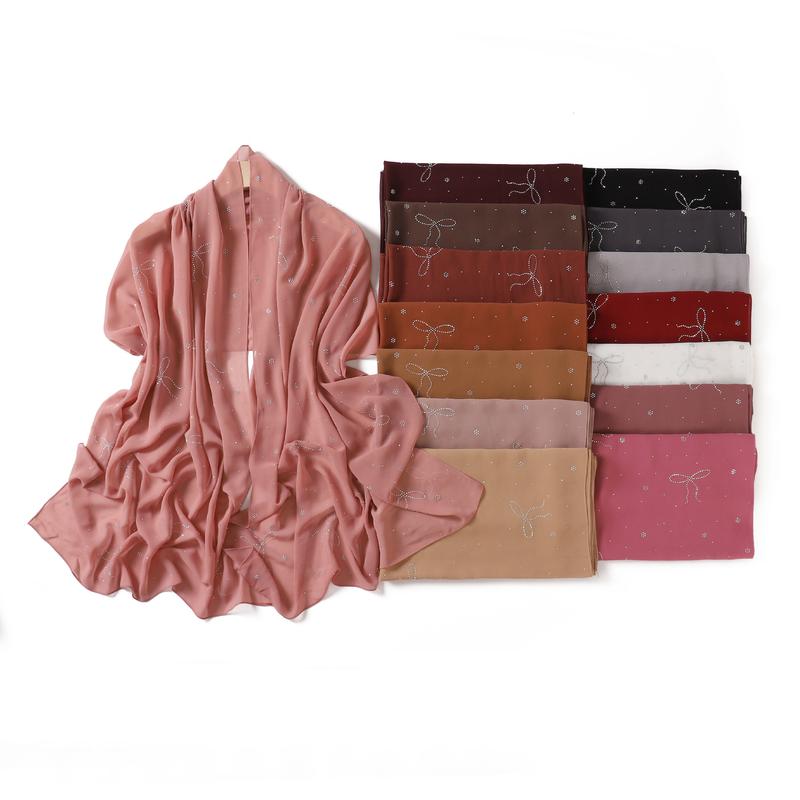 High-End Heavy Craft Bowknot Rhinestone Solid Color Chiffon Long Scarf Full Rhinestone Shawl Headscarf Cape Scarf Silk Scarf for Women 1