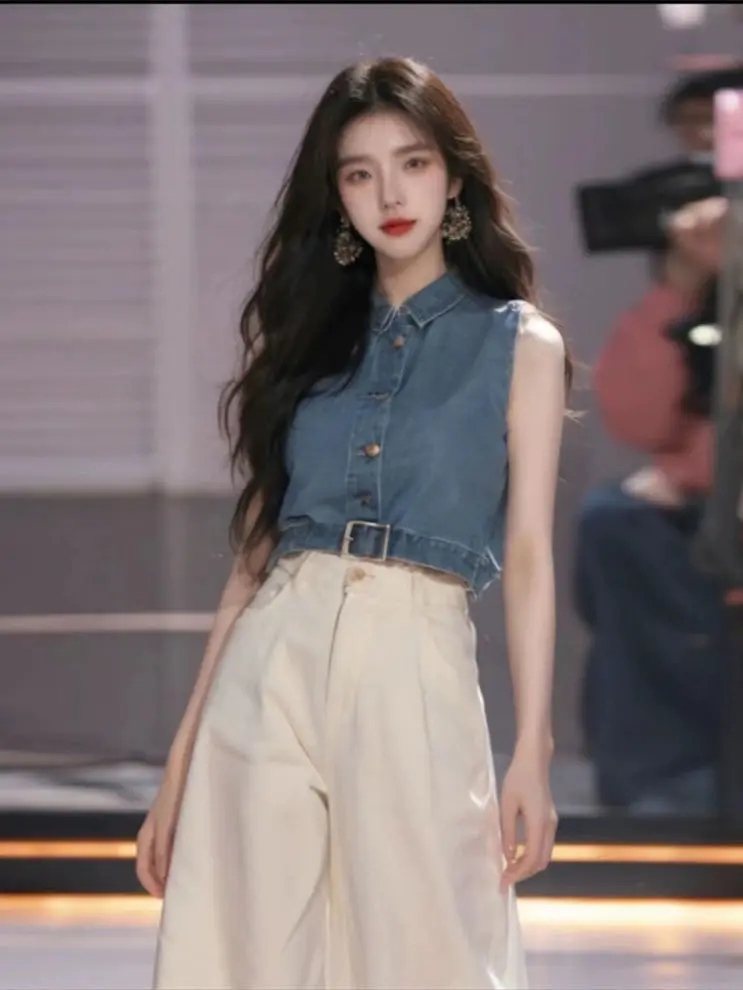 Áo Cánh Ôm Sát, Phong Cách Thanh Lịch, Phong Cách Preppy, Cỡ Nhỏ Thích Hợp Cho Quần Áo Mùa Hè, Thiết Kế Mới, Áo Vest Ngắn Denim Bó Sát Eo