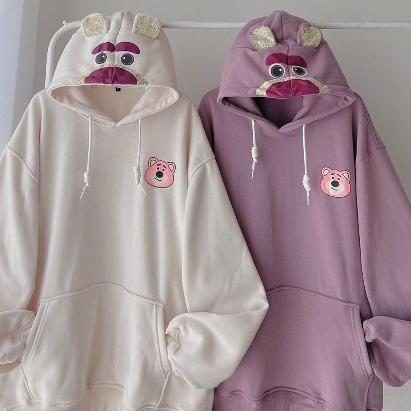 BEAR CUTE PINKY HOODIE SWEATER OVERSIZE WANITA LUCU KEKINIAN bahan fleece Basic Fit Nyaman Panjang Crewneck Tebal Oblong 2