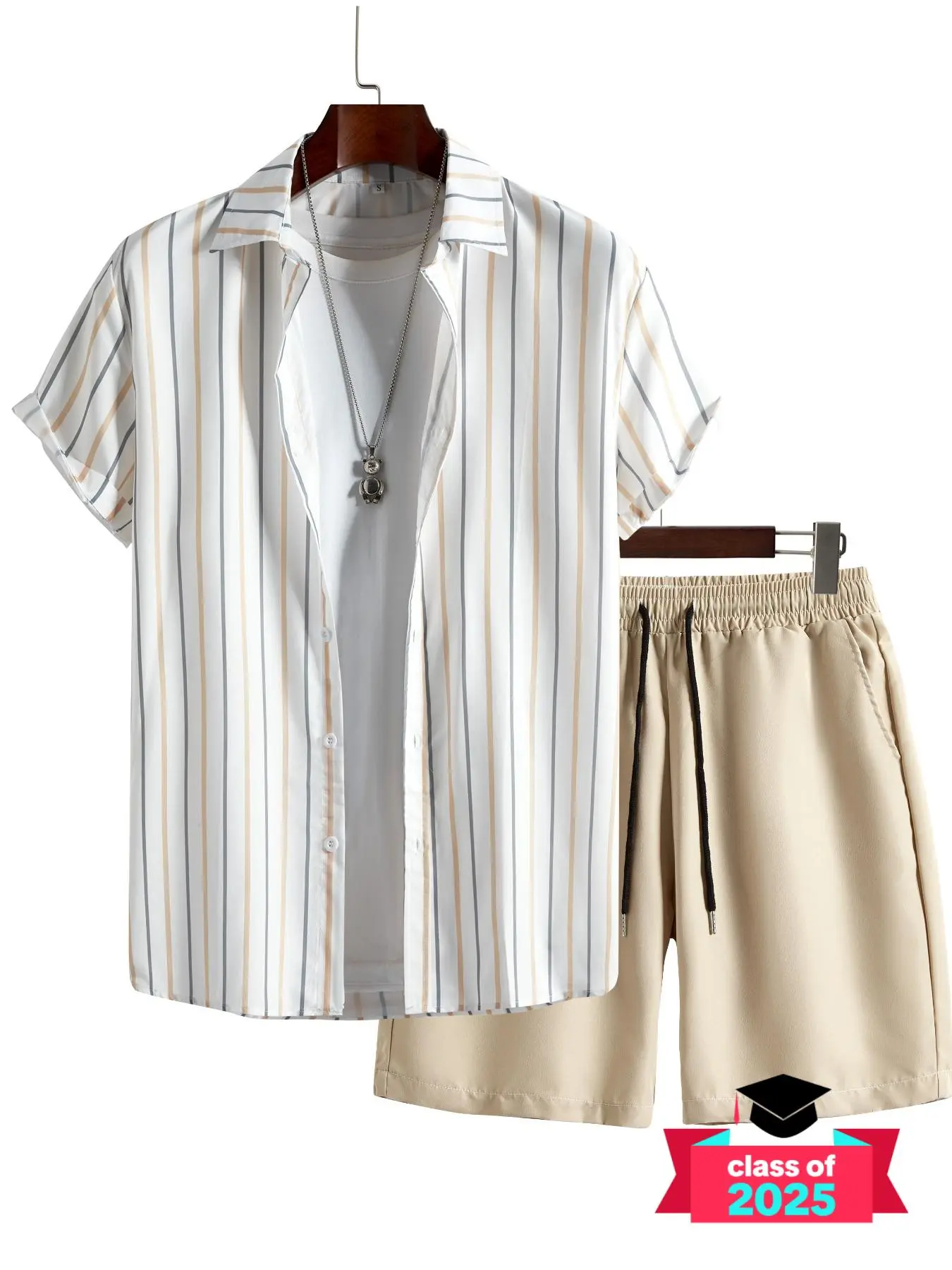 2 Pieces Men's Striped Short Sleeve Shirt & Drawstring Waist Shorts Set, Button Collar Shirts & Shorts Set, Two Piece Set Summer, Summer Outfits 2024,  Holiday Outfits 2024,  Summer Casual Men's Clothes Set, Mens Clothing