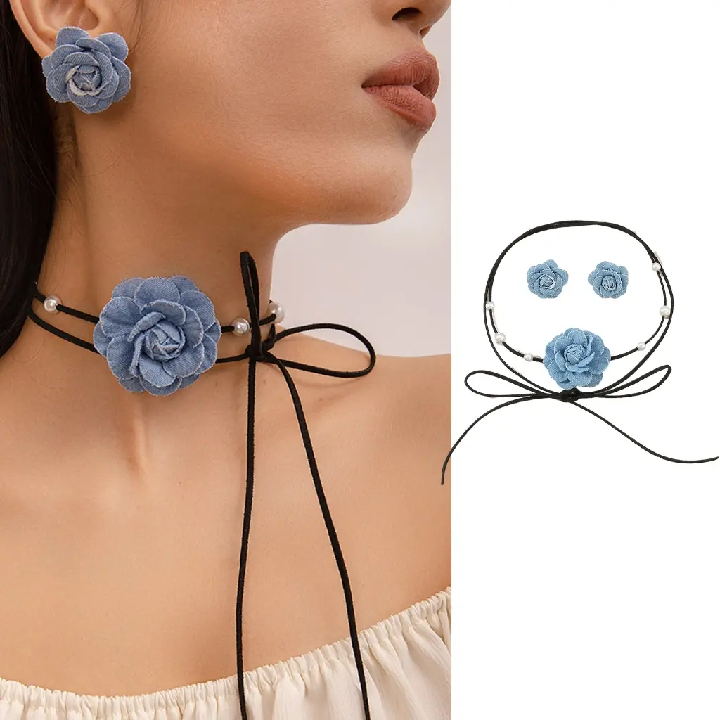 Lace-up Rope Chain Necklace Blue Denim Fabric Flower Choker Necklace  Earrings Set for Womens Fashion Jewelry Gift