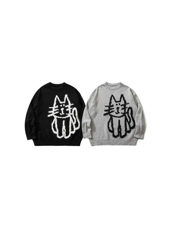 Men's Cartoon Cat Print Drop Shoulder Sweater, Loose Casual Long Sleeve Round Neck Jumper for Fall & Winter, Knitting Tops, Sweater for Women, Valentine's Day Gift for Men, Men's Knitwear for Daily Wear, Weekend Sweater 6