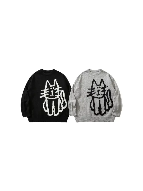 Men's Cartoon Cat Print Drop Shoulder Sweater, Loose Casual Long Sleeve Round Neck Jumper for Fall & Winter, Knitting Tops, Sweater for Women, Valentine's Day Gift for Men, Men's Knitwear for Daily Wear, Weekend Sweater 6