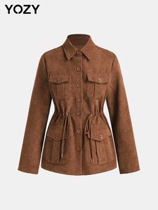 YOZY Women's Solid Button Front Drawstring Corduroy Jacket, Casual Long Sleeve Collared Pocket Outerwear for Fall & Winter, Ladies Clothes for Daily Wear