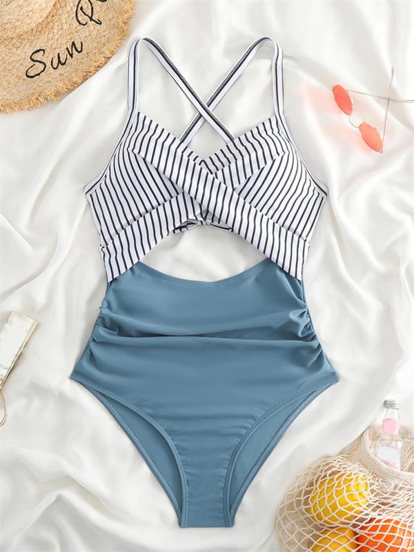 Women's Colorblock Criss Cross Cut Out Draped Swimsuit, Casual Adjustable Strap Knot Back One Piece Swimwear for Summer, Swimsuit for Women, Tankini Swimsuits for Women Valentine's Day, gift 8
