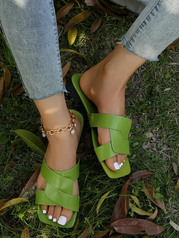 Women's Fashionable Solid Color Flat Sandals, New Trend Braided Design Slide Sandals, Square Toe Slippers, Casual Comfortable Shoes for Summer 7