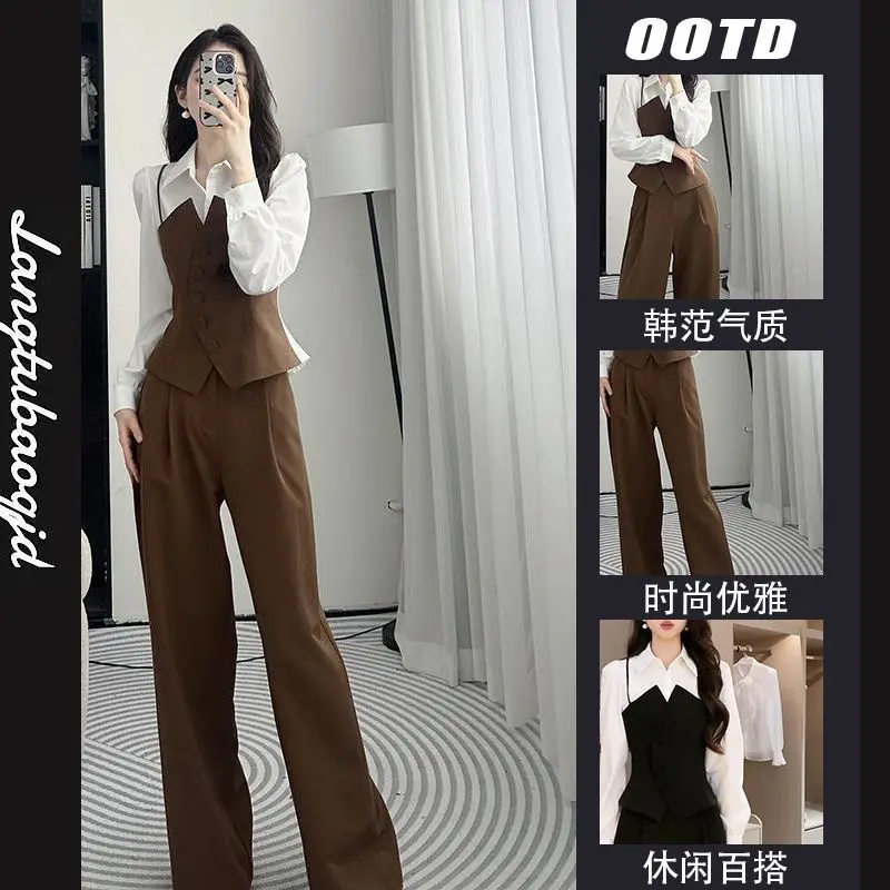 Bộ Quần Ống Rộng, Trang Phục Mùa Xuân Cho Nữ, Thời Trang Và Thanh Lịch, Cao Cấp, Thích Hợp Cho Thanh Niên, Áo Sơ Mi Đi Lại, Bộ Hai Mảnh, Năm 2025