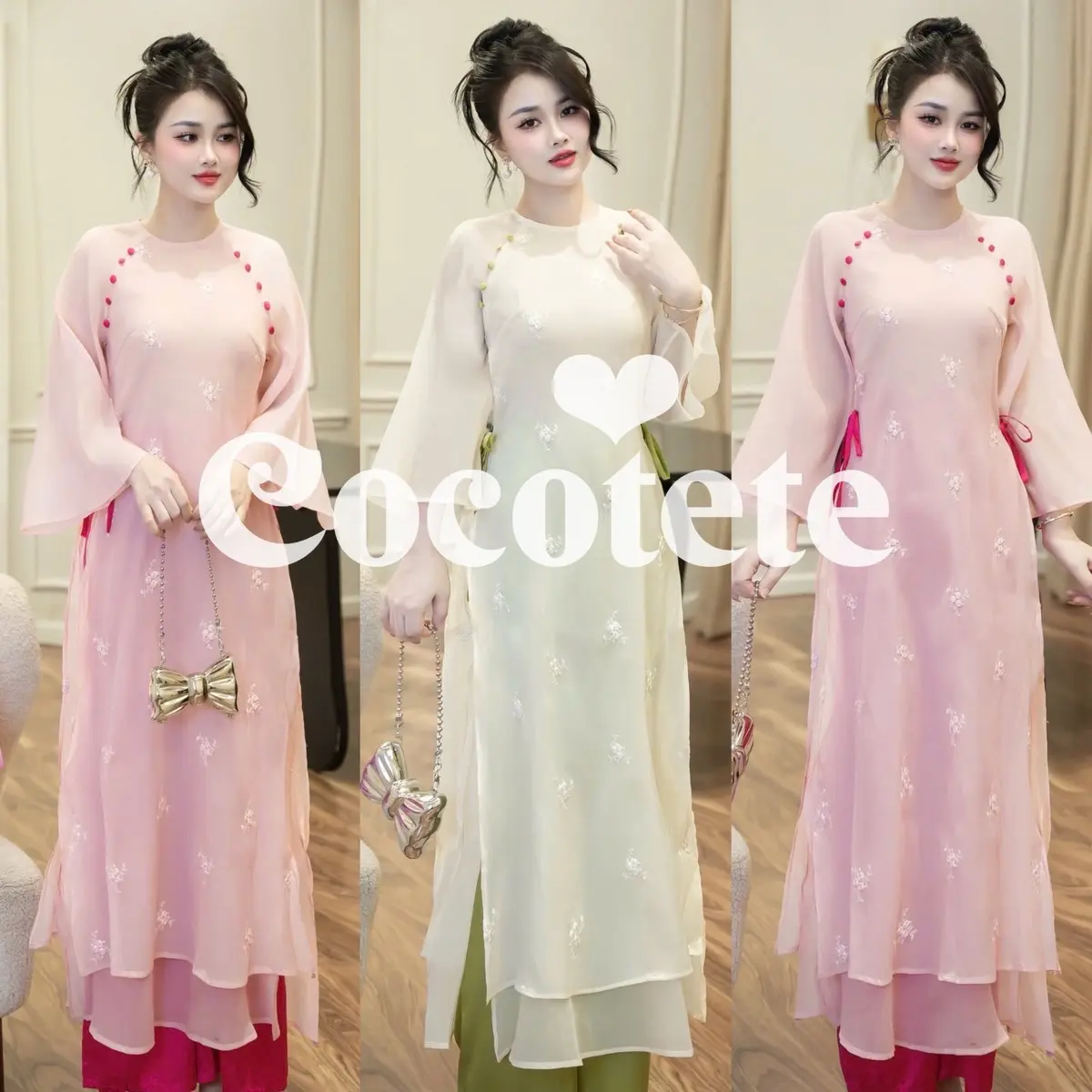 COCOTETE - Set Áo Dài Tơ Thêu Hoa Nhí 2 Tà Mặc Tết Xinh Xắn