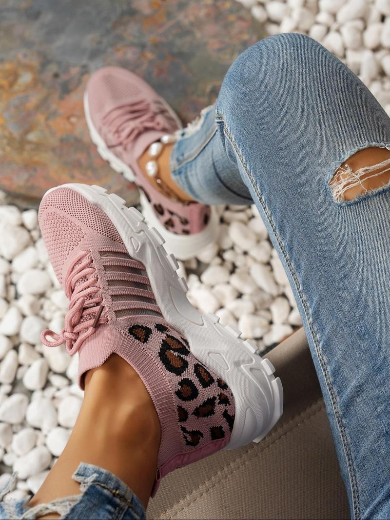 Product Introduction of Women's Fashionable Leopard Pattern Lace Up Running Shoes, Casual Comfortable Breathable Sports Shoes, Female All-match Round Toe Shoes for Daily Wear 8