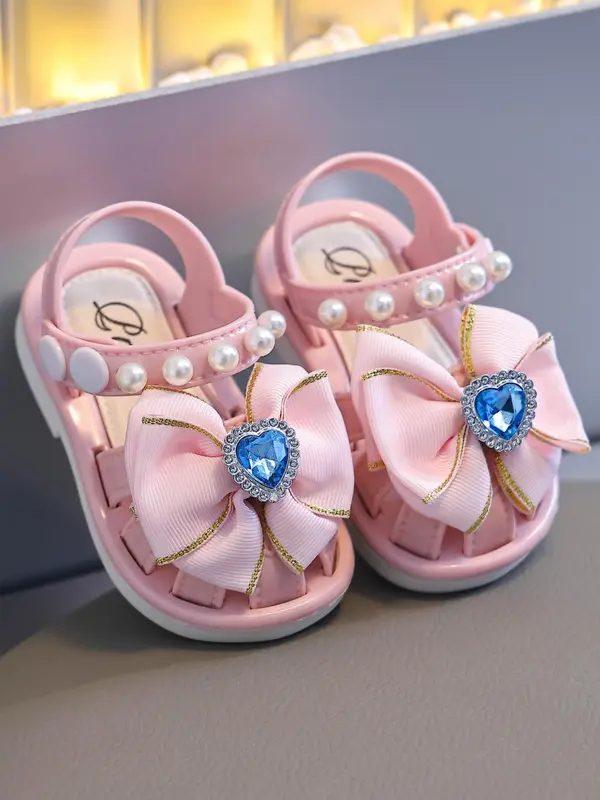 Baby Girl's Elegant Heart Decorated Bow Design Sandals, Cute Comfortable Princess Shoes for Daily Wear, Fashionable Shoes for Toddlers 1